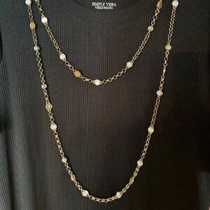 Coldwater Creek long gold tone necklace with tan and white circles